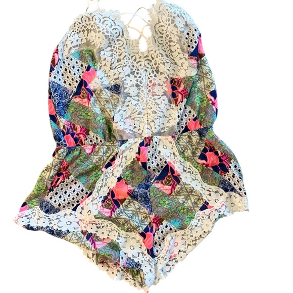 Victoria’s Secret‎ Satin Romper Teddy Lingerie Size L Patchwork - Picture 1 of 7